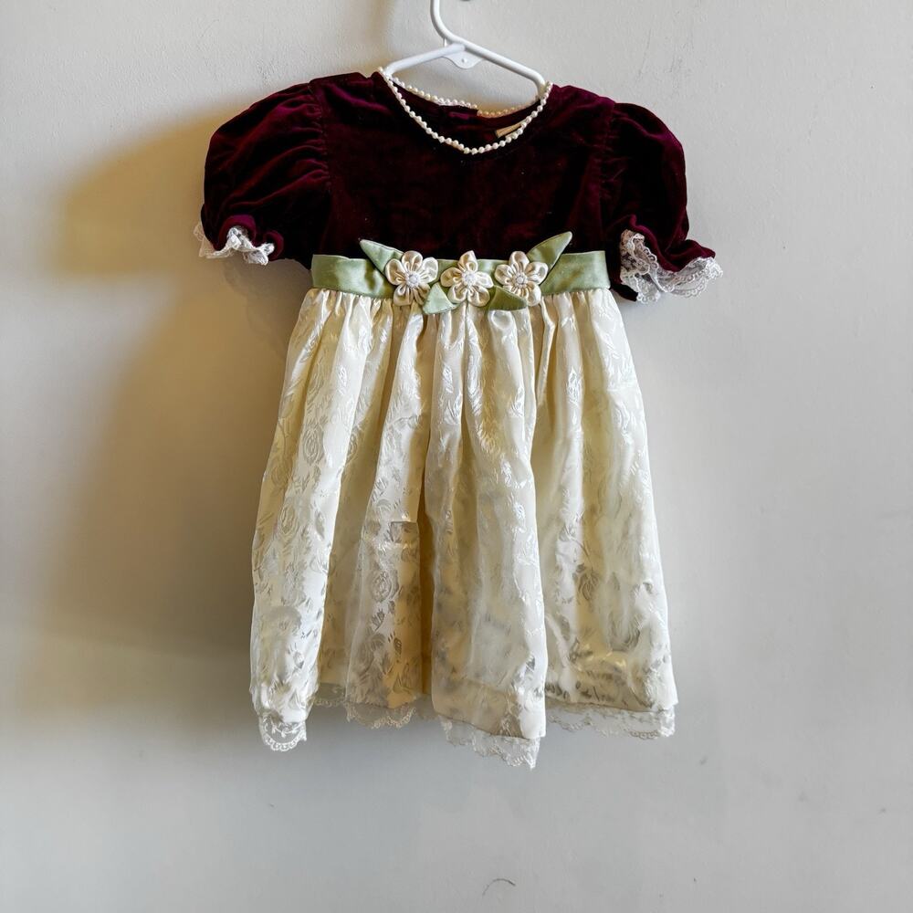 Vintage b.t. kids Baby Girls 24M Maroon Velvet Holiday Dress Ivory Damask Lace